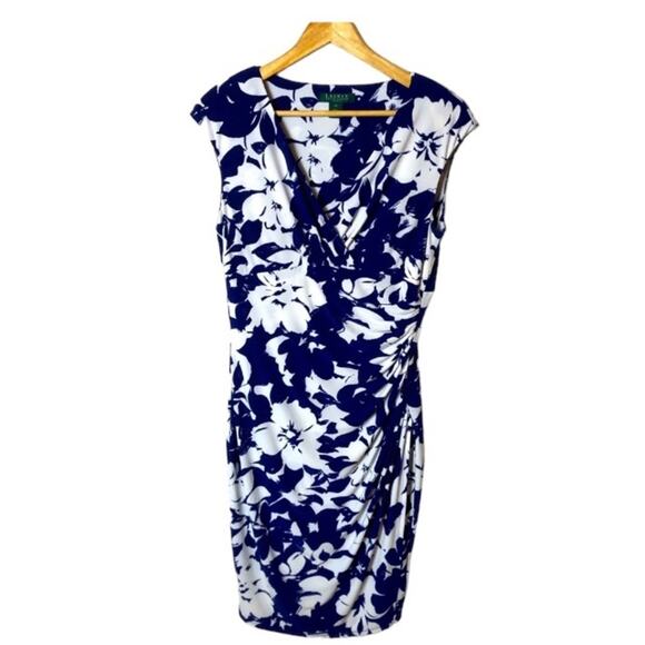 Ralph Lauren Dress Womens Sz 10 Floral Sheath Ruching Blue Slinky Stretch Wrap - Picture 1 of 11